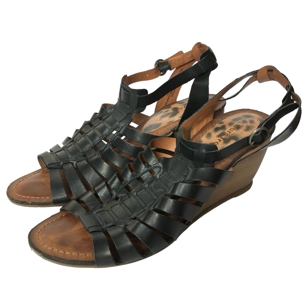 Bare Traps Black Leather Wedge Sandal Slingback Heels Open Toe Shoe Ivania 9.5 M
